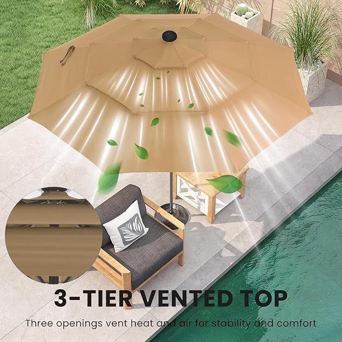 DUMOS LED Outdoor Patio Umbrella 10 FT UV-Resistant Market Umbrella with Tilt Adjustment & Crank Lift, All-Weather Shade for Backyard, Deck, Garden, Beach