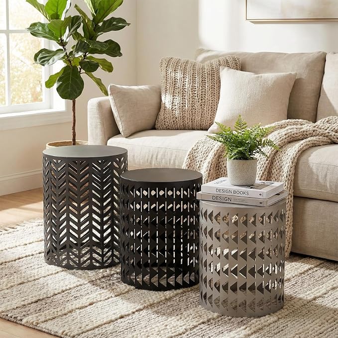 3 Set Small Patio Side Tables, 176Lbs, Round Outdoor Side Tables for Patio, Nesting Outdoor Table Set, Outside Metal End Tables, No Assembly Required