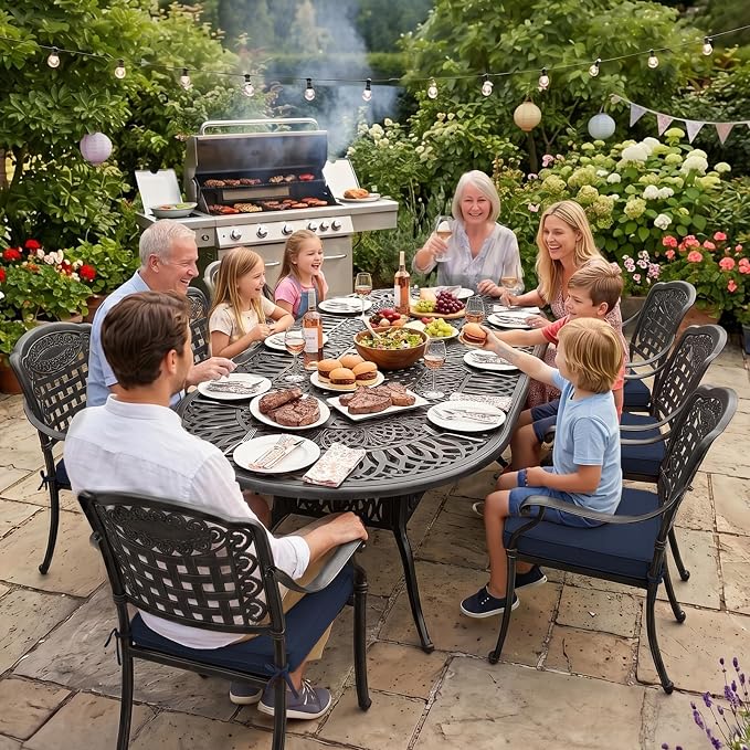 VIVIJASON 9-Piece Patio Furniture Dining Set, Rust-Free Cast Aluminum Outdoor Conversation Set, Include 8 Cushioned Chairs and an Oval Table with Umbrella Hole for Lawn Backyard, Navy Blue Cushion