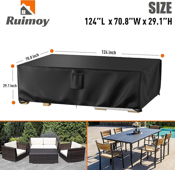 Ruimoy Patio Furniture Covers, Outdoor Furniture Cover Waterproof, General Purpose, Outside Table and Chair Covers, Heavy Duty 600D (124 Inch L x 70.8 Inch W x 29.1 Inch H)
