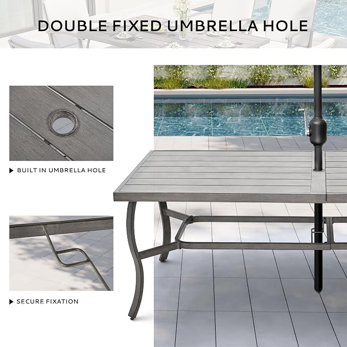 8-Person Outdoor Dining Table, Aluminum Large Rectangle 84.1"×39.8" Outdoor Dining Table with 2.2" Umbrella Hole, Rustproof Aluminum Patio Dining Table for 8, Grey