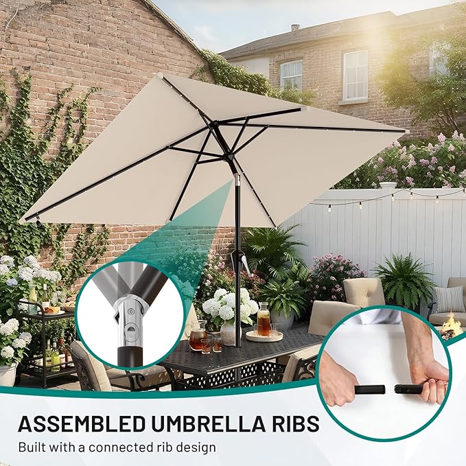 AreShark 6.5' x 10' Rectangular Patio Umbrella with Solar Lights, Solar Powered Lighted Market Umbrella w/Tilt and Crank, Outdoor Table Umbrella for Garden, Deck, Backyard, Pool, Cream-White
