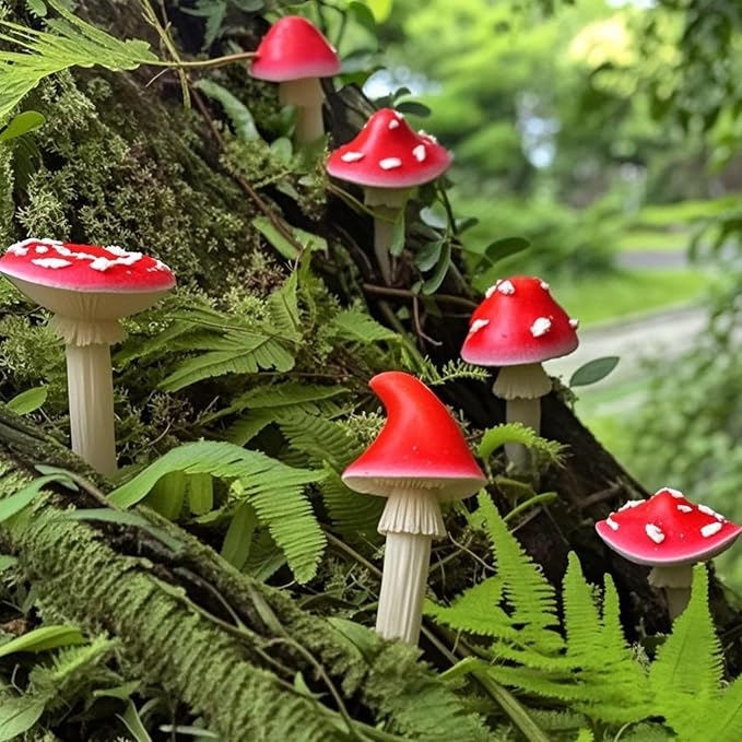 Fairy Garden Mushrooms for Outdoor Decor, 6Pcs Red Mini Mushroom Figurines | Resin Mushroom Miniatures for Fairy Garden Accessories, Plant Pot Decoration, Cute Terrarium, Yard and Lawn Decor