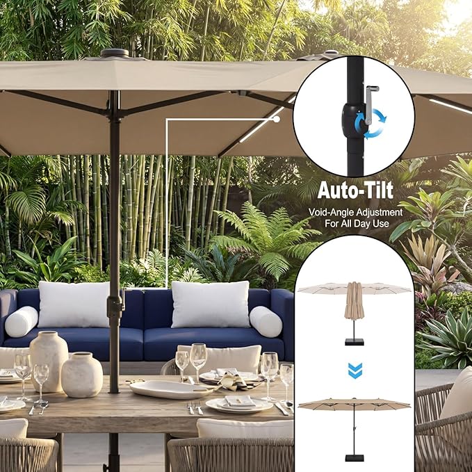 15FT Patio Umbrella with Solar Light Bar, Large Double-Sided Outdoor Table Umbrella with Base, Crank, Steel Ribs and Pole for Patio, Beach Sun Umbrellas for Backyard, Poolside, Beige