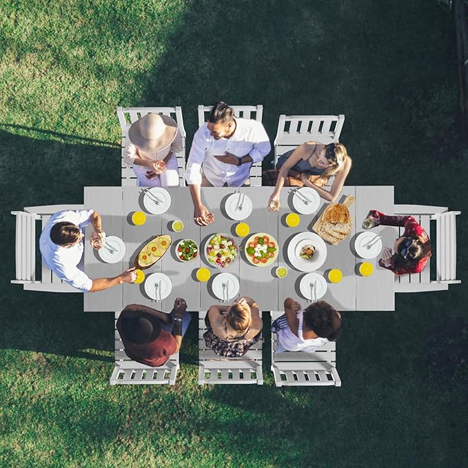 LOUNZY 9 Pieces Patio Dining Sets, Outdoor HDPE Furniture Set for 8 w/ 2" Hole Cut-Out Dining Table 75.2in with 8 Patio Chairs(2 W/Armrest, 6 w/o Armrest), White