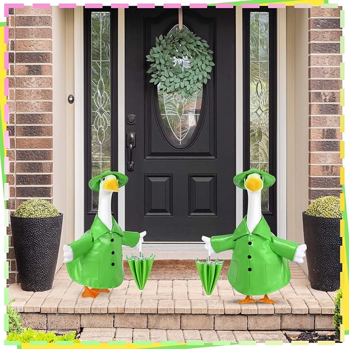 Raincoat Goose Outfit Porch Goose Summer Outfit Yard Goose Raincoat Clothes with Umbrella Hat Fits 23" Outdoor Garden Lawn Patio Geese Statue for Spring Summer Seasonal Decor(Green)