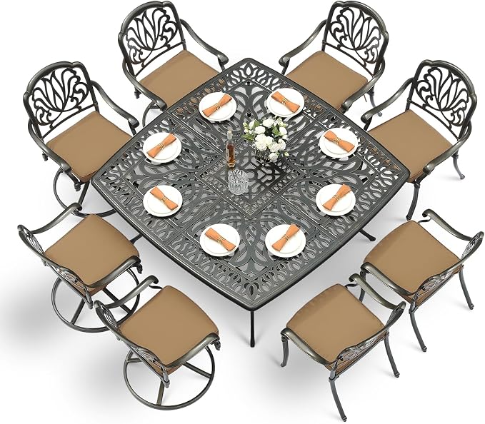 VIVIJASON 9-Piece Outdoor Furniture Dining Set, Cast Aluminum Patio Table and Chairs Set with 4 Stationary Chairs, 4 Swivel Rocker Chairs, 64" Large Square Dining Table, Umbrella Hole, Khaki