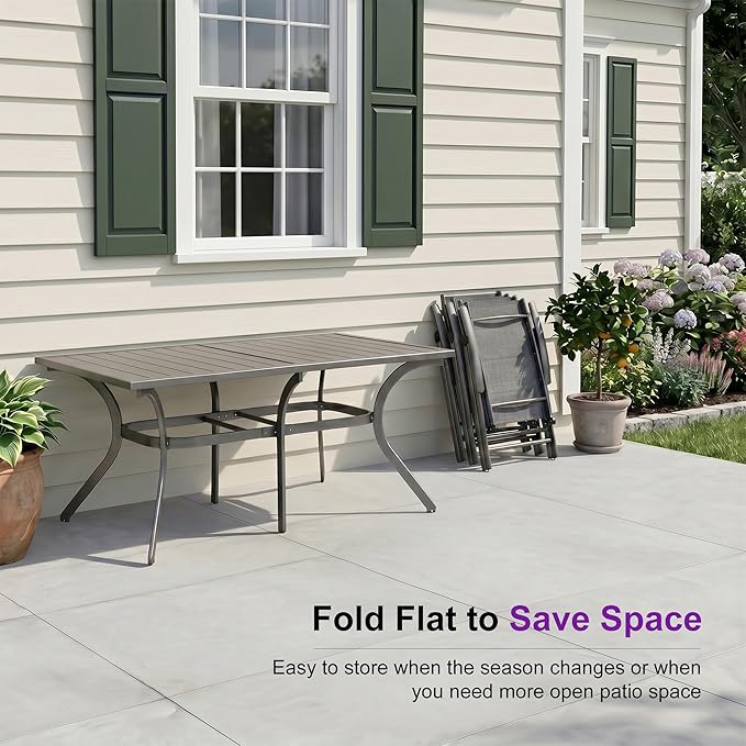 PURPLE LEAF Outdoor Dining Set for 6 Folding Patio Dining Set with Aluminum Rectangular Table and Padded Chairs All Weather Dining Table Sets for Garden Backyard Poolside, Grey