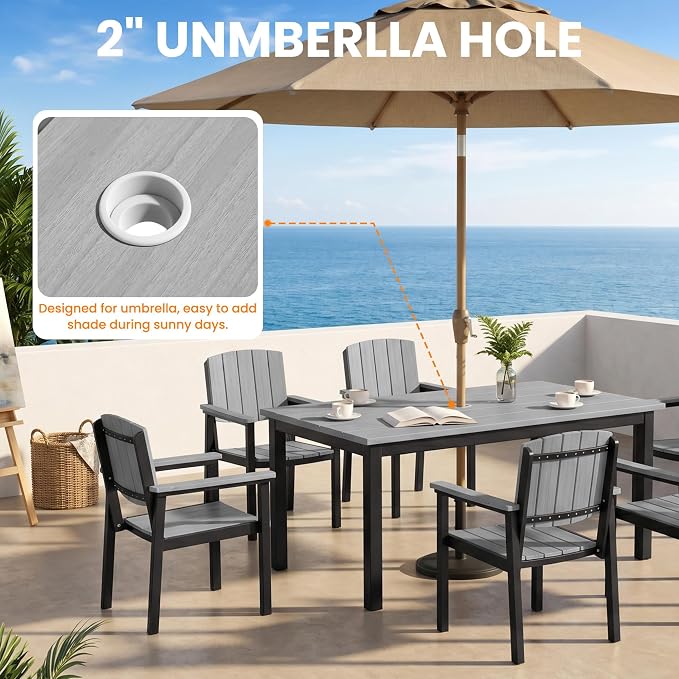 Aluminum Outdoor Patio Dining Table for 4-6 Person, All-Weather Rectangular Outdoor Table with Umbrella Hole for Garden Backyard Poolside Grey