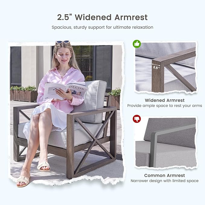 UDPATIO Aluminum Patio Furniture Set, 4 Piece Faux Wood Outdoor Patio Sets with Coffee Table, Metal Patio Furniture Set Modern Outdoor Sectional for Deck Porch Patio, Light Grey