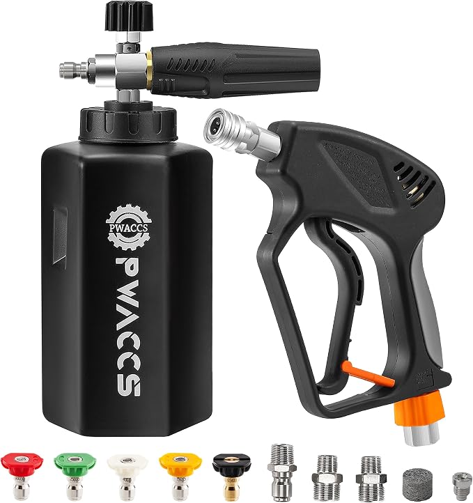 PWACCS Pressure Washer Gun with Foam Cannon, 1.5 Liter, 5000 PSI | Short Gun with Swivel, 1/4" Quick Connector, 5 Power Washer Nozzle Tips, Car Wash Foam Gun Kit