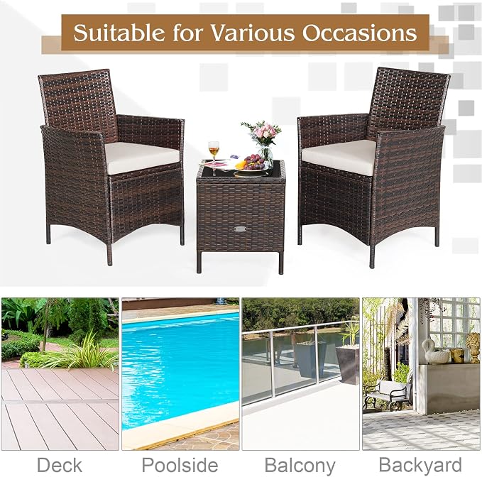 COSTWAY 3 Pieces Patio Rattan Furniture Set, Outdoor Wicker Cushioned Sofa with Tempered Glass Tabletop, Rattan Conversation Set for Porch Yard Balcony Backyard Pool, White