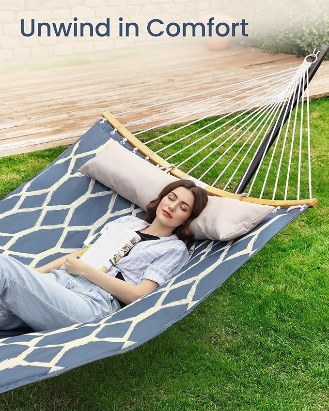 SONGMICS Hammock, Quilted Double Hammock with Padded Pillow, 78.7 x 55.1 Inches, 495 lb Weight Capacity, Portable for Outdoor Relaxation, Garden, Patio, and Camping, Blue UGDC034I02V1