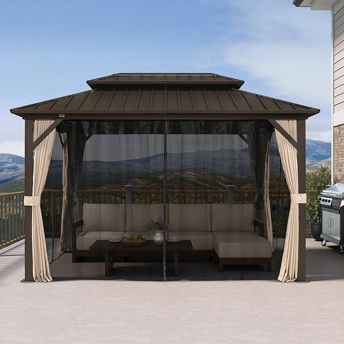 PURPLE LEAF 8’ X 12’ Outdoor Hardtop Gazebo Metal Frame Galvanized Steel Double Roof with Curtains and Nettings for Patio Desk Backyard Bronze