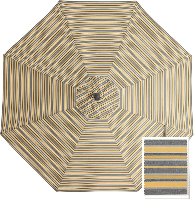 MASTERCANOPY 5-Year-Non-Fading Olefin 9FT Patio Umbrella Replacement Canopy for 8 Ribs- Gray & Yellow Multi-Stripes Canopy Only