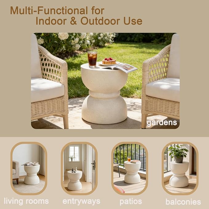 Outdoor Concrete Rounded Waist Outdoor Side End Tables, Decorative Garden Stools for Indoor Imitation Natural Stone Texture Patio Accent Side Table