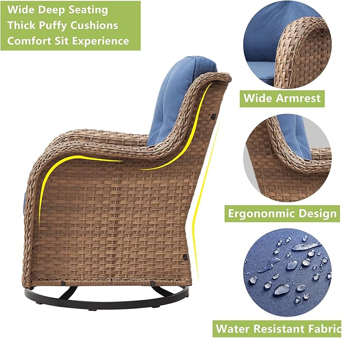 Rilyson Patio Chairs Rocking Swivel Chiar - 2 Piece Outdoor Patio Wicker Rattan Furniture Chairs Set with High Back and Deep Seating for Outside Porch Deck(Yellow/Blue)