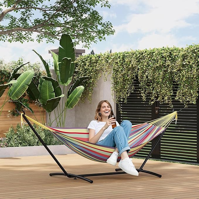 TrailBlaze Double Hammock with Stand, Heavy Duty Portable Steel Hammock Set for Outdoor and Indoor Use, 500lb Capacity, Includes Carrying Bag, Space Saving Design,Quick Assembly