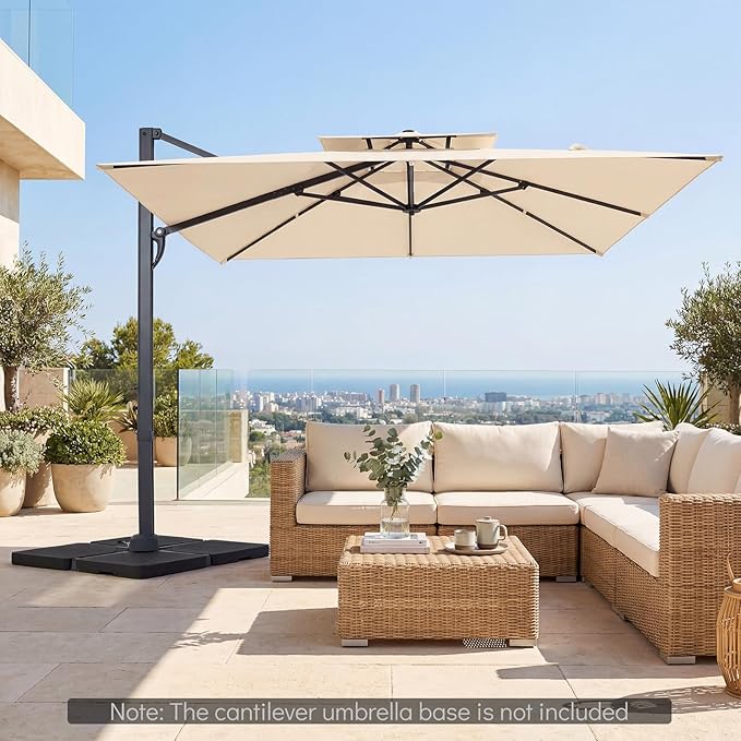Tangkula 10 FT Patio Cantilever Umbrella, Large Square Offset Hanging Umbrella w/ 360° Rotation, 8 Sturdy Ribs, Air Vent & Cross Base, Heavy-Duty Outdoor Sun Shade for Backyard Pool Garden Deck, Beige