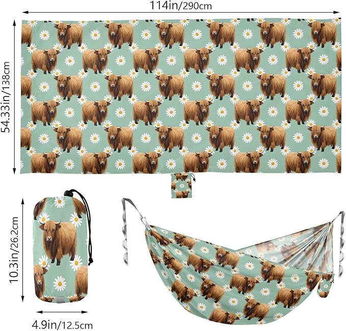 Camping Hammock Outdoor Hammocks for Outside Cow Bison Daisy Flowers Beach Trees Portable Lightweight with Pockets Tree Straps Indoor