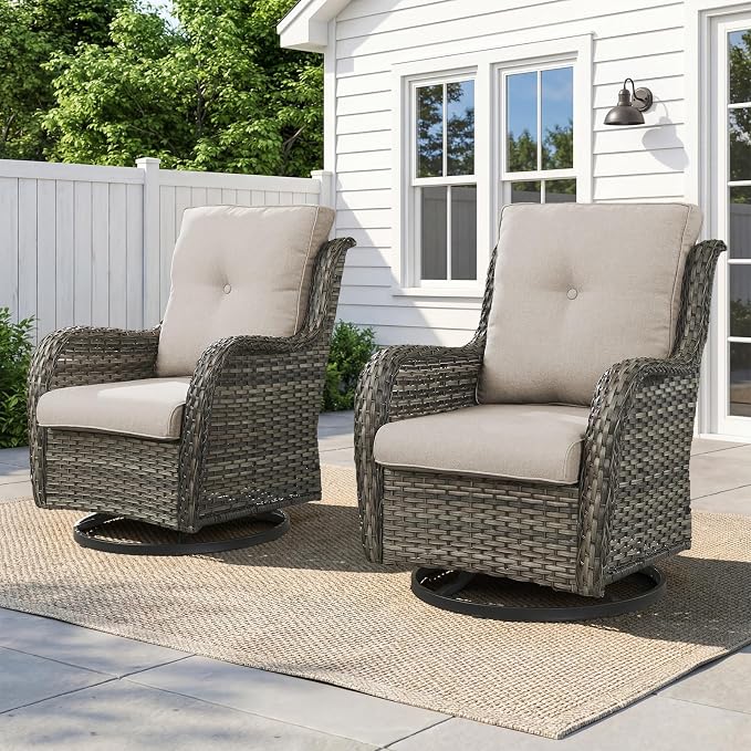Belord Outdoor Swivel Chairs Set of 2,Patio Wicker Rocker Chairs,All Weather Patio Conversation Furniture Set, Ideal for Porch Balcony Deck Yard, Gray Wicker/Beige