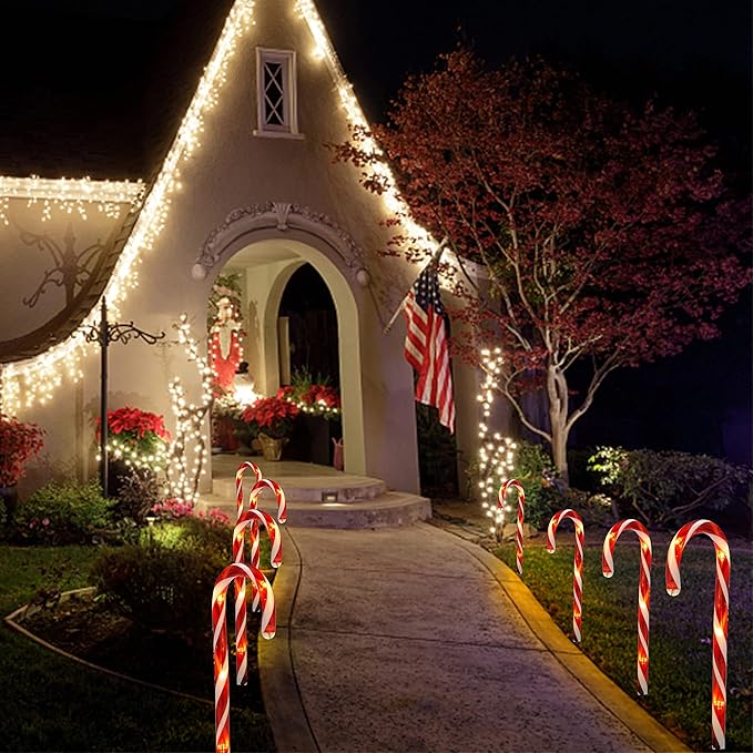 Biswing Christmas Outdoor Candy Cane Lights, 12 Pcs Christmas Pathway Markers with 72 Count Warm White Lights, Connectable for Indoor Outdoor Holiday Walkway Patio Garden Ornament