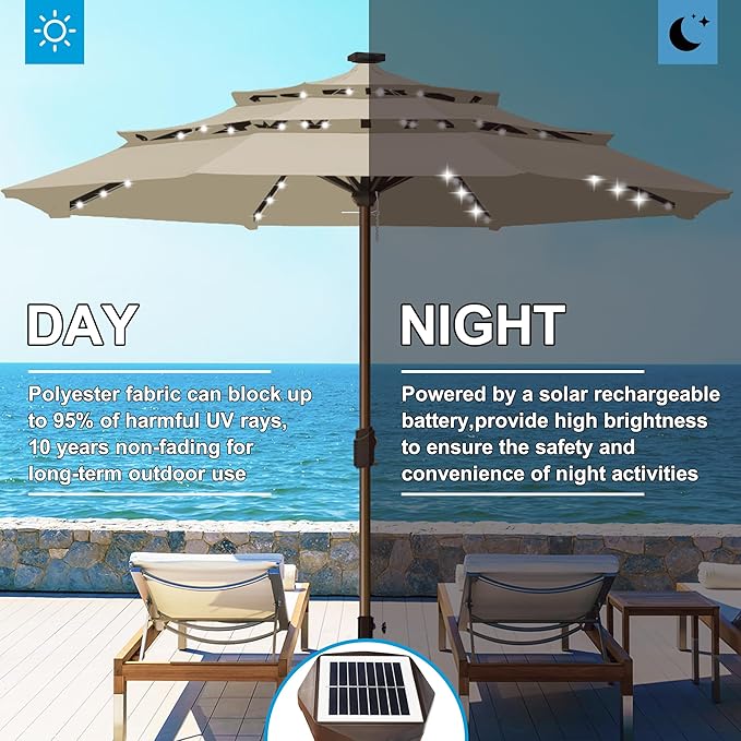 Eurmax USA 10-Year-Non-Fading 10FT 3-Tier Outdoor Patio Market Umbrella with LED Lights,UPF50+ UV Resistant,Commercial Grade,Crank Lift Design,Windproof Vented Top for Garden,Pool,Deck,Antique Beige