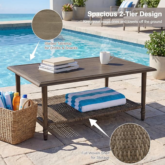 Outdoor Coffee Table, Heavy Duty Wicker Coffee Table, 2-Tier Patio Table with Storage, Patio Coffee Table for Garden Deck Balcony Poolside