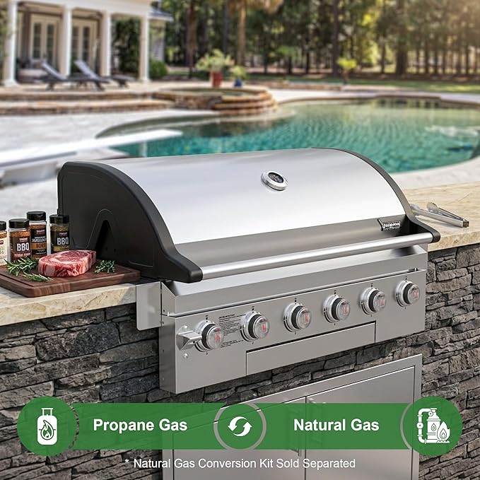 Brand-Man Propane Gas Grill, 40-Inch 6-Burner Built-In Head BBQ Island Outdoor Kitchen, Natural Gas Convertible, Heavy Duty 304 Stainless Steel, 60,000BTUs
