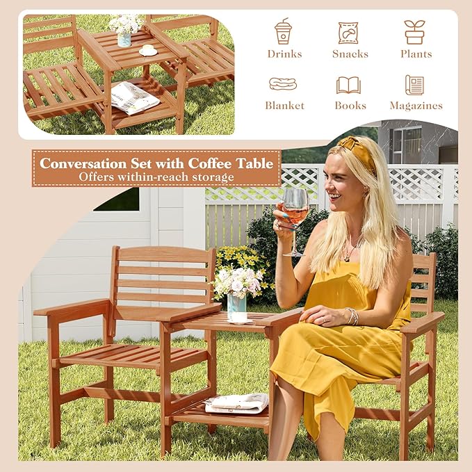 Tangkula Outdoor Patio Loveseat with Table, Wood 2-Seat Conversation Set with Coffee Table and Umbrella Hole, Outdoor Furniture Set for Garden Poolside Backyard Balcony Porch Deck (Natural)