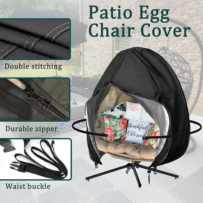 Oslimea Patio Egg Chair Cover Large 91x80 inch Waterproof Patio Hanging Swing Chair Covers Windproof Double Outdoor Swing Egg Chair Cover with Zipper and Bottom Buckle, Black