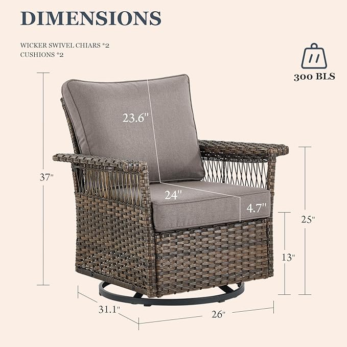 Patio Furniture Set 2 Wicker Swivel Glider Chairs with 2 PE Rattan Ottomans Brown Wicker Grey Cushions Patio Conversation Set 4pcs for Garden Balcony Sunroom Backyard