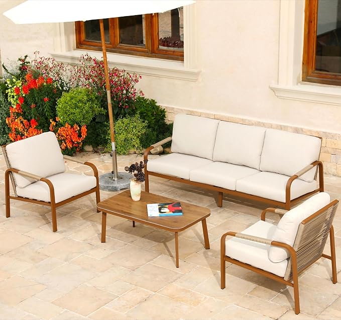 4-Piece Aluminum Outdoor Sofa Set – 3-Seat Sofa with Coffee Table, Rattan-Style Backrests, Patio Lounge Furniture for Garden, Balcony, and Porch (Beige)