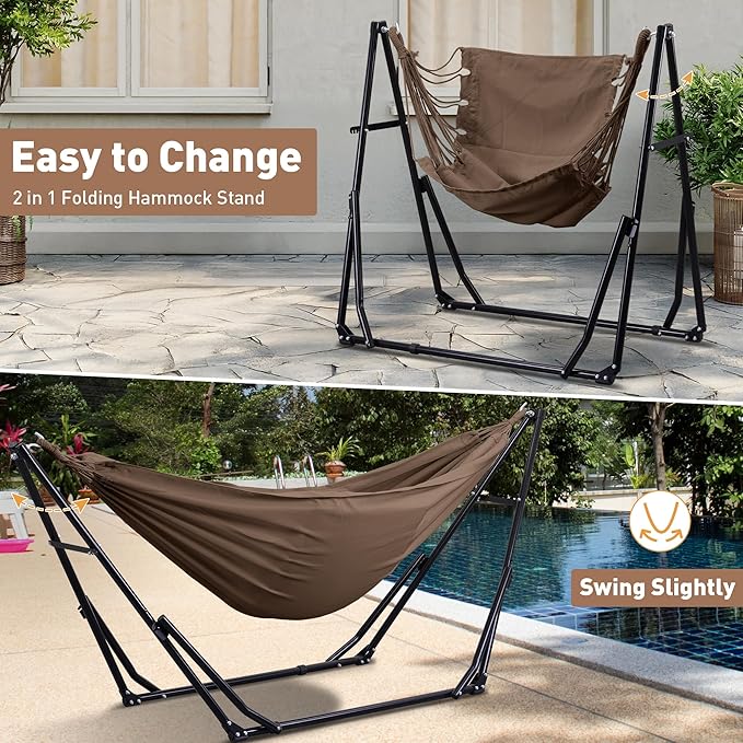 Ainfox Hammock with Foldable Stand, 2 in 1 Hammock and Swinging Chair with Carrying Bag, Portable Camping Chair Suitable for Outside, Swing,Patio,Garden,Camping Trip Coffee