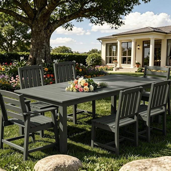 AreShark 7-Piece Outdoor Dining Set,HDPE Patio Table with 6 Chairs,All-Weather Patio Furniture Set with Umbrella Hole,Low Maintenance Wood Grain Dining Set for Backyard,Garden,Poolside,Gray