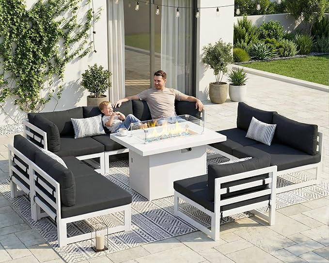 NICESOUL 9 Piece Modern Aluminum Patio Furniture Set with Fire Pit Table, 500 lbs Heavy Duty Outdoor Sectional Sofa, 29" Deep Wide Oversized Seating Conversation Couch for Garden Exterior, Dark Gray