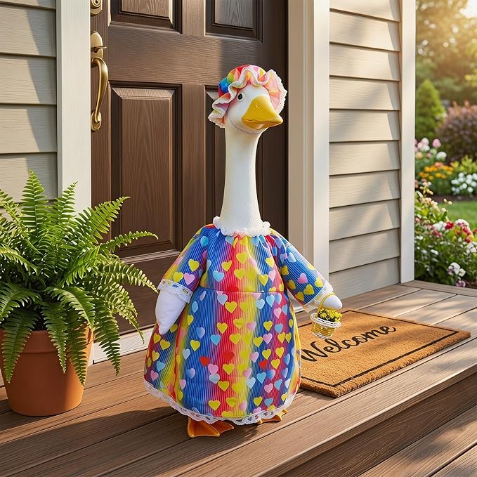 Funny 3-Piece Heart Print Porch Goose Outfits Set, Vintage Lace Trim Dress, Matching Bonnet & Flower Basket, Spring/Summer Yard & Lawn Goose Costume for 23" Statue, Outdoor Patio Garden Decoration