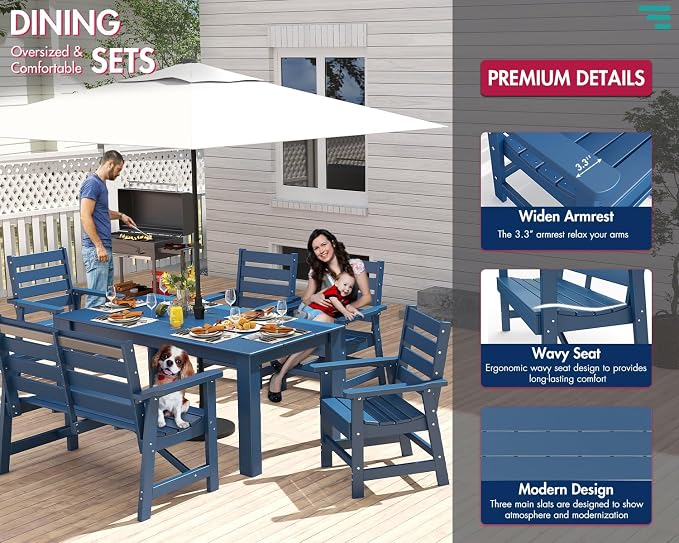 BRIOPAWS Outdoor-Dining-Table-Set | 6 Piece | HDPE | 1 Bench and 4 Chairs Sets for 6 | Patio Dinner Furniture | All Weather | Umbrella Hole | for Poolside Deck Backyard Outdoors | Blue