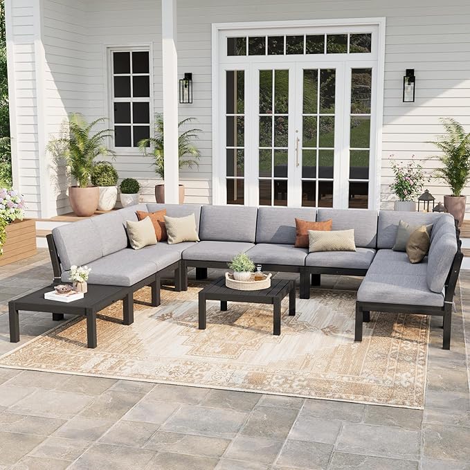 Stoog 11-Piece U-Shaped Patio Sectional Sofa Set, All-Weather Modular & Convertible Patio Furniture - Create L-Shape or Straight Configurations, Black