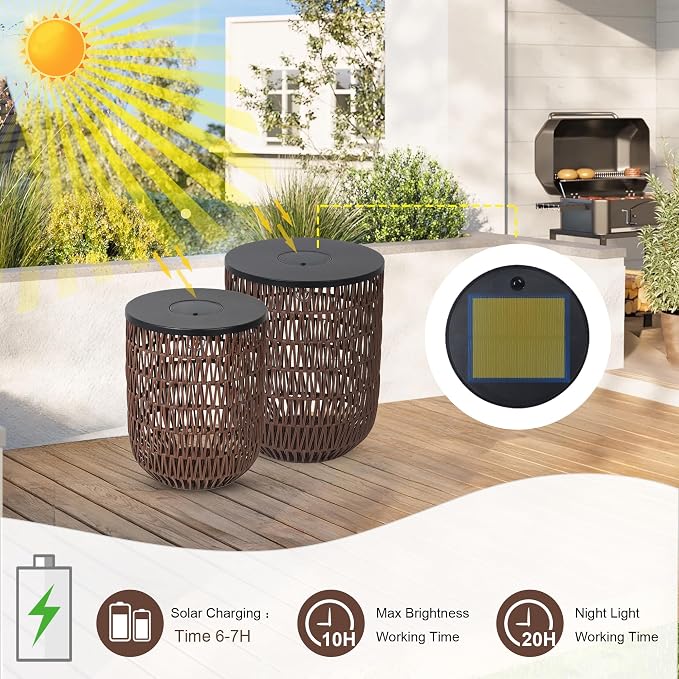 HMVPL Solar Outdoor Side Table Set of 2 with Dimmable Light, Round Patio Side Table for Outside, Outdoor End Accent Tables, Waterproof Plastic Rattan Patio End Table for Backyard Gazebo, Dusk to Dawn