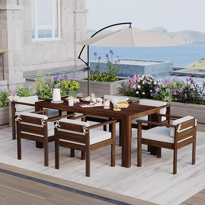 VilroCaz Outdoor 7-Piece Patio Dining Table Set, All-Weather Acacia Wood 72.8" Rectangle Table and 6 Chairs Set with Umbrella Hole and Removable Cushions for Backyard Garden Poolside (Mocha 72.8'')