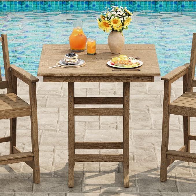 Takywep 31.5" Square HDPE Wood Grain Outdoor Bar Table, 39.6" High Weatherproof Pub Table for Patio and Poolside, Tall Bistro Table with 300 Lb Weight Capacity and Umbrella Hole, Brown