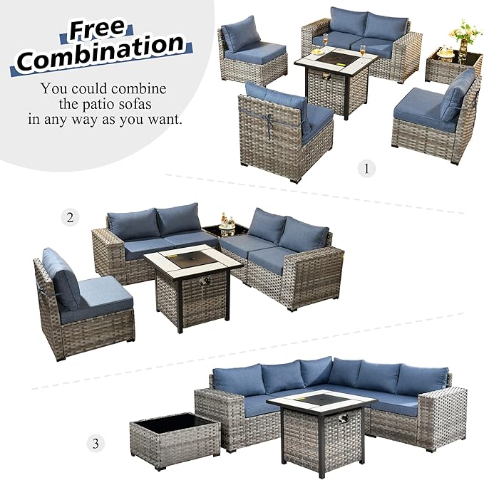 HOOOWOOO Outdoor Patio Sectional Furniture Sofa Set with Propane Gas Fire Pit Table,7 Piece Small Modern Wicker Couch with Widened Armrest,Modular Conversation Seating Set for Out Door(Denim Blue)