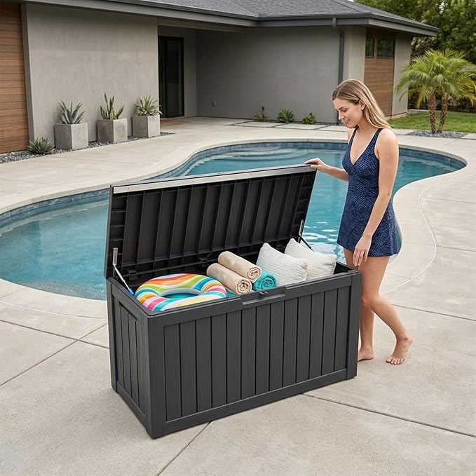 Outdoor Storage Box, 90 Gallon Waterproof Deck Box [Upgraded 3.0], Robust Weatherproof Organizer for Deep-Seat Cushions, Sports Equipment, Lockable Garden Tool Bench Seat, Side Yard, Black
