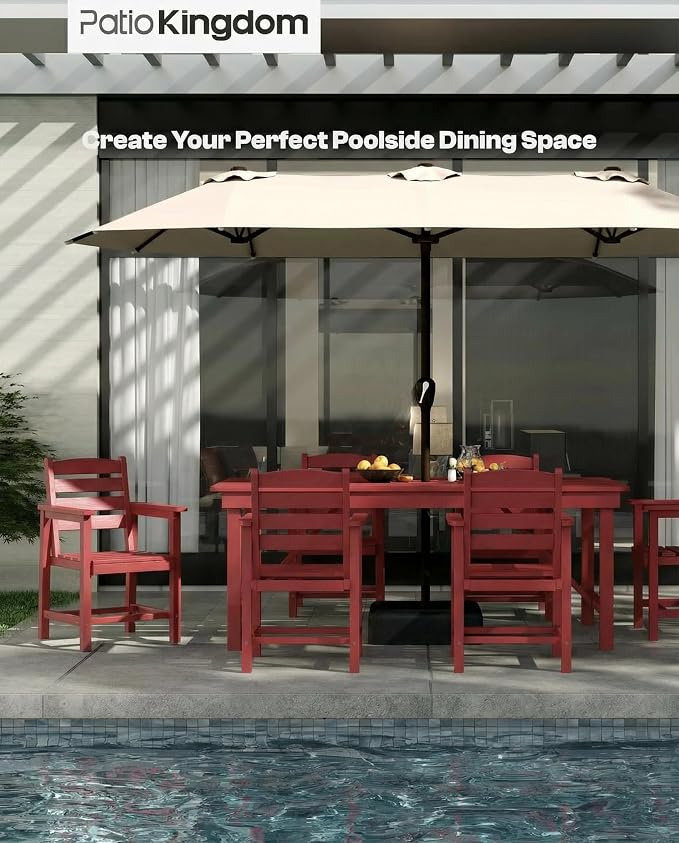 7-Piece Outdoor Dining Set for 6,Red | HDPE table, chairs included, umbrella hole design, weather-resistant furniture, perfect for backyard, deck, garden