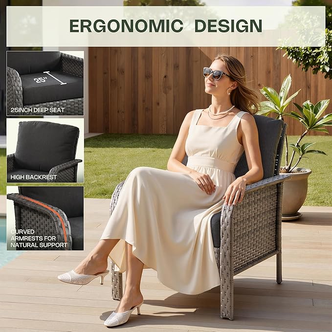 4-Piece Patio Furniture Set, Outdoor Wicker Furniture with Coffee Table, All Weather High Back Loveseat Patio Chairs, Modern Rattan Outdoor Chairs Conversation Set for Porch, Balcony, Garden,Black