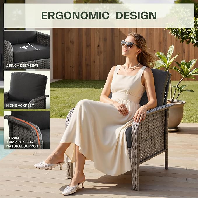 Patio Furniture Set, Outdoor Wicker Chairs of 2, Modern Rattan Outdoor Chairs Conversation Set, All Weather High Back Patio Sofa with Comfy Cushions for Porch, Balcony, Garden, Black