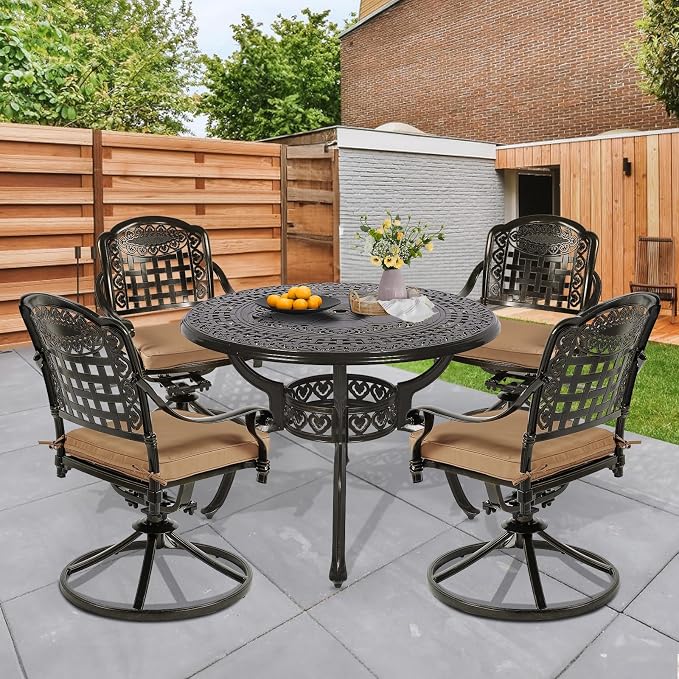 5 Piece Patio Dining Set, Outdoor Table and Chairs Set for 4 Cushioned Swivel Rocking Chairs and 38.5'' Round Table, All-Weather Cast Aluminum Patio Funiture Set, 2'' Umbrella Hole