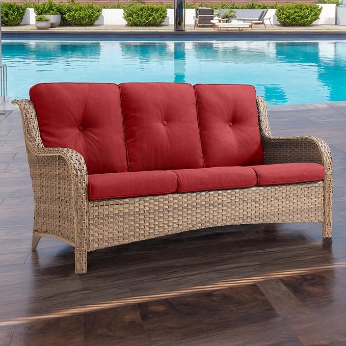 Rilyson Outdoor Couch Wicker Patio Sofa - 3 Seat Rattan Sofa with Deep Seating and Comfortable Cushions for Porch Deck Balcony Garden(Yellow/Red)