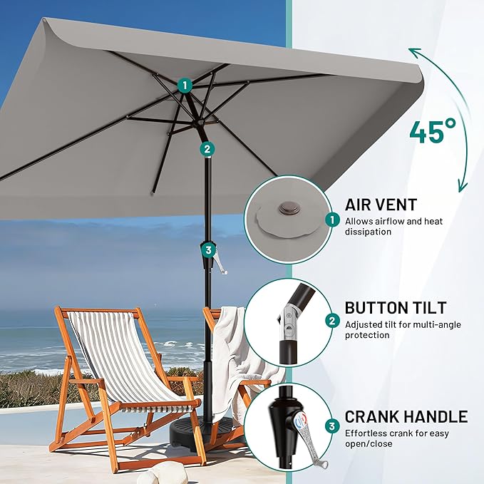 AreShark 6.5 x 10 FT Rectangular Valance Patio Umbrella, Outdoor Umbrella with Tilt and Crank, Market Table Umbrellas W/ 6 Ribs UV Protection for Garden, Deck, Backyard and Pool, Foggy Gray
